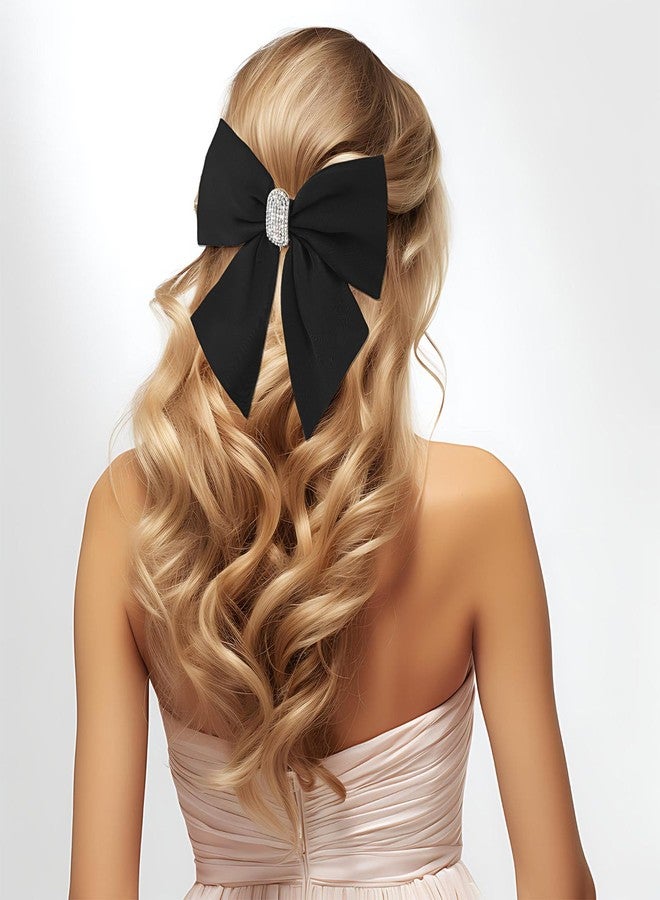 Andibro Short Tail Large Bow Hair Clip, French Bow Hairpins, Soft Silky Satin Bow Hairclips Aesthetic Bowknot Barrettes with Metal Clips for Dress Up 90's Accessories Decor for Wedding Party(Black) - Image 2